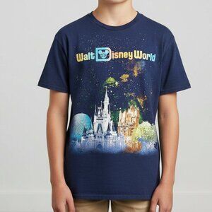 Disney Parks Walt Disney World Youth XL T-Shirt Fireworks Castle Blue Graphic‎